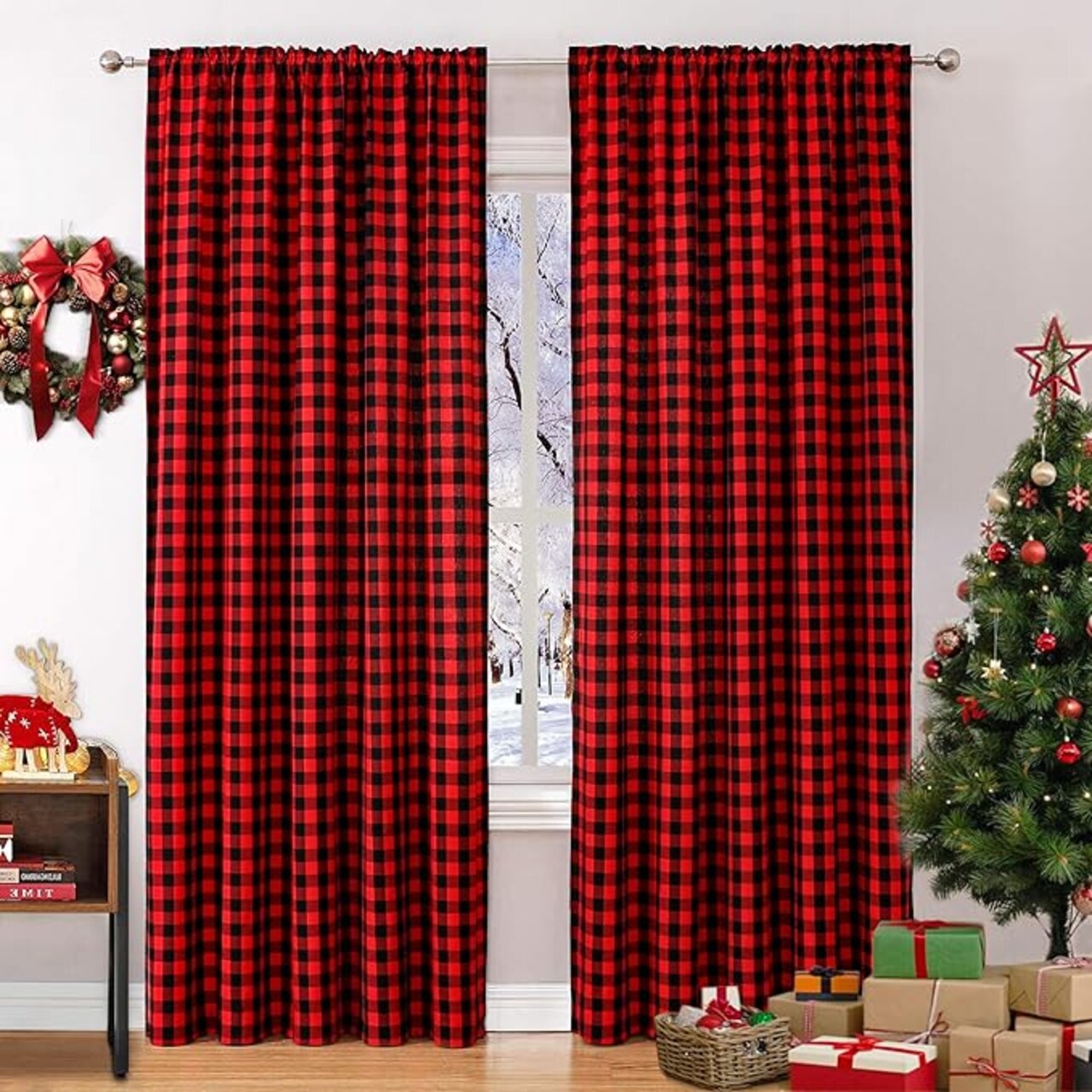 Red Buffalo Plaid Curtains Christmas Decor 42 x 84 Inch Length 2 Panels, Gingham Farmhouse Rod Pocket Room Darkening Checkered Window Curtain Drapes for Living Room, Red and Black